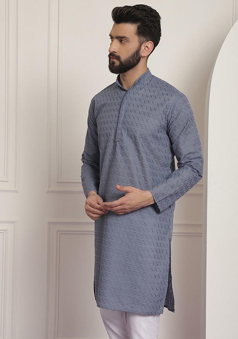 Grey Embroidered Cotton Kurta For Men