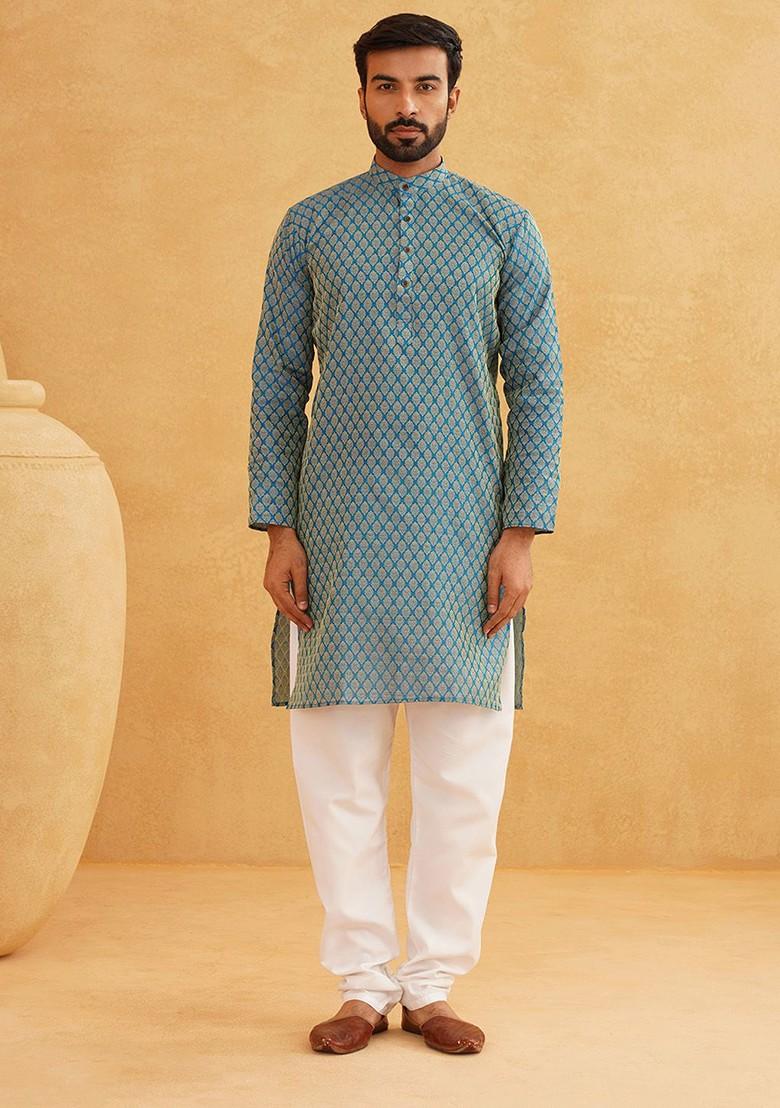 Blue Ethnic Motifs Poly Blend Kurta For Men