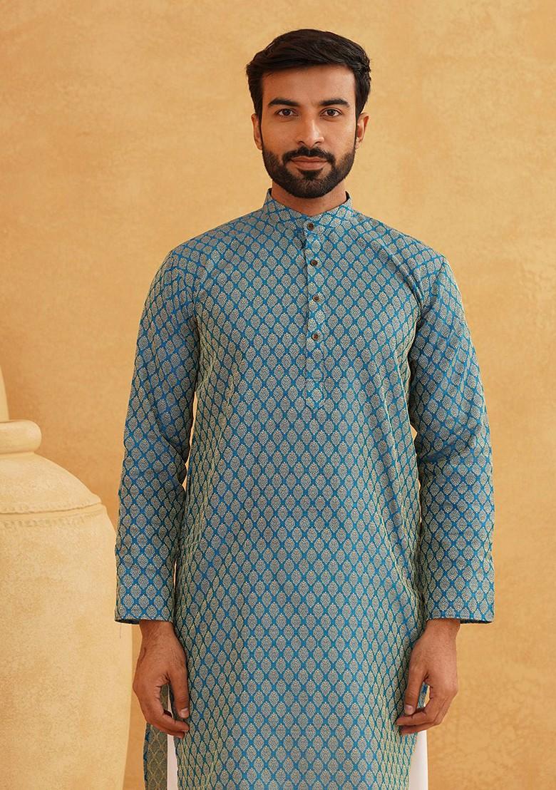 Blue Ethnic Motifs Poly Blend Kurta For Men