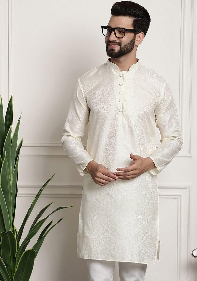 Off White Ethnic Motifs Poly Blend Kurta For Men
