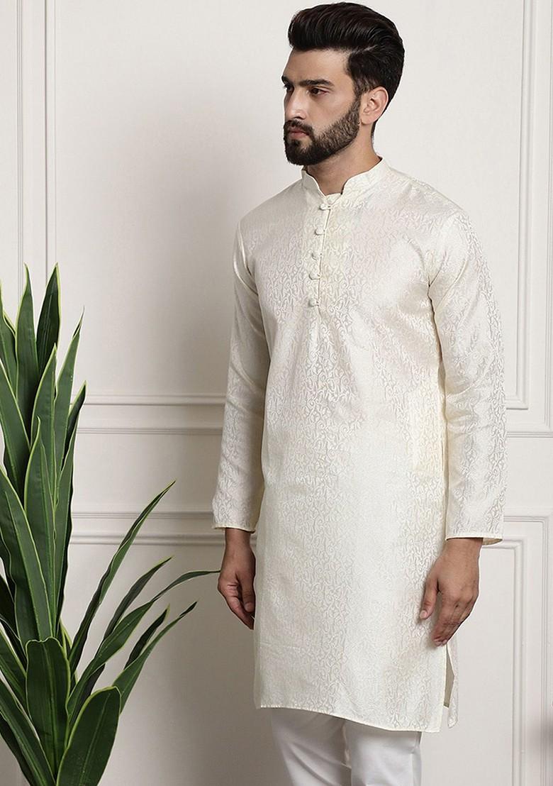Off White Ethnic Motifs Poly Blend Kurta For Men