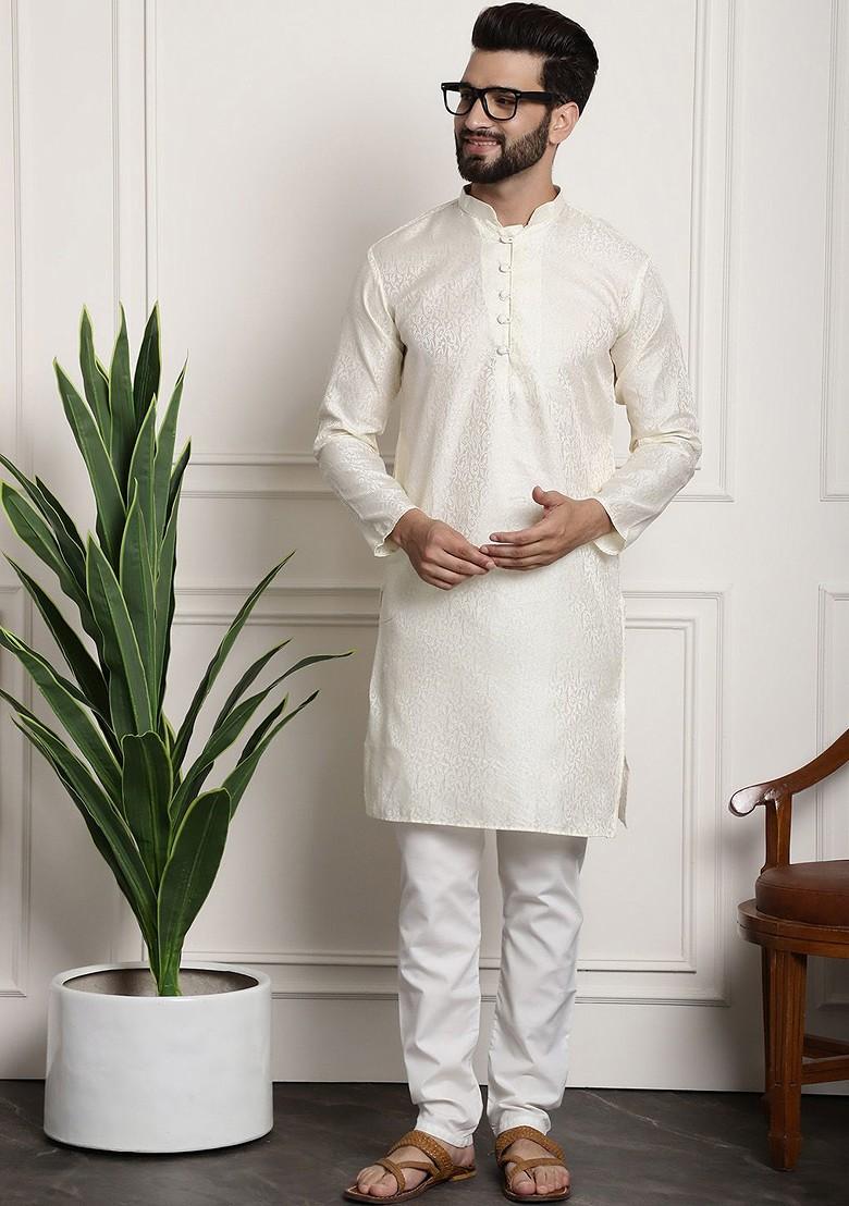 Off White Ethnic Motifs Poly Blend Kurta For Men