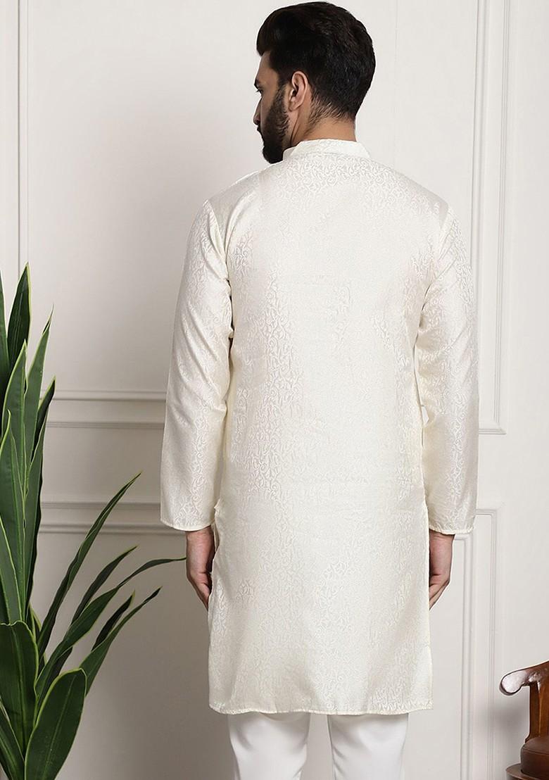 Off White Ethnic Motifs Poly Blend Kurta For Men