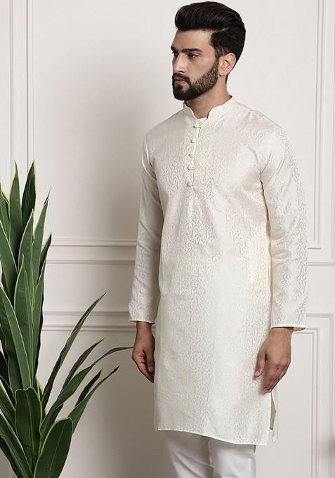 Off White Ethnic Motifs Poly Blend Kurta For Men