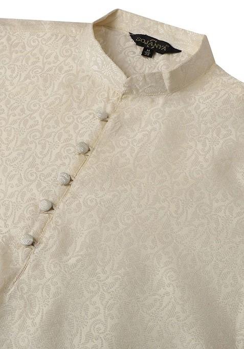 Off White Ethnic Motifs Poly Blend Kurta For Men