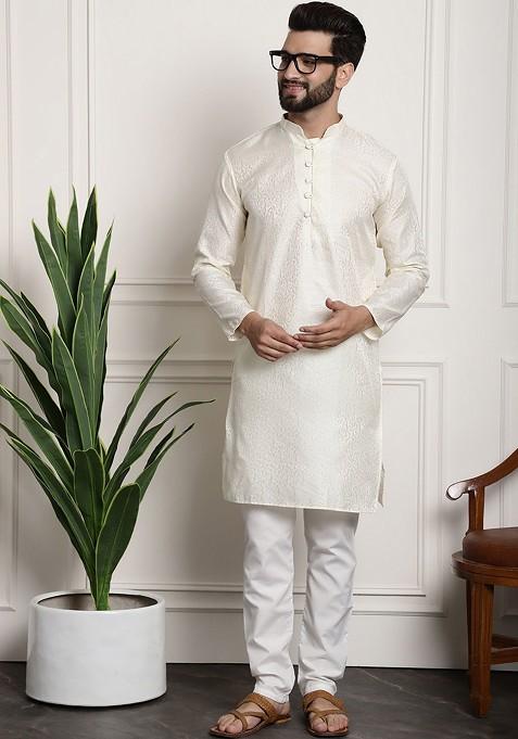 Off White Ethnic Motifs Poly Blend Kurta For Men