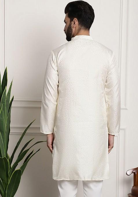 Off White Ethnic Motifs Poly Blend Kurta For Men