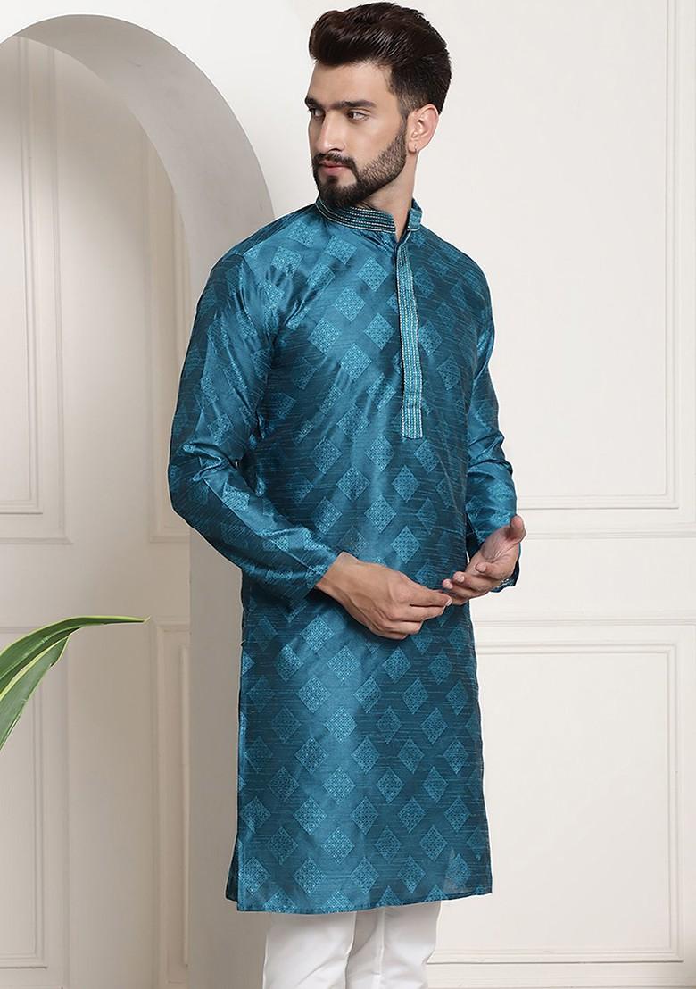 Blue Solid Silk Kurta For Men