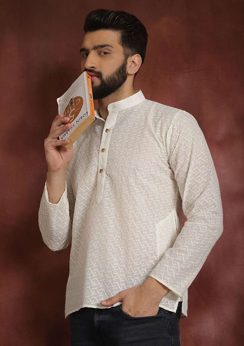 Off White Solid Poly Blend Kurta For Men - Indya