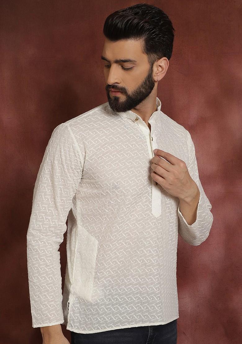 Off White Solid Poly Blend Kurta For Men