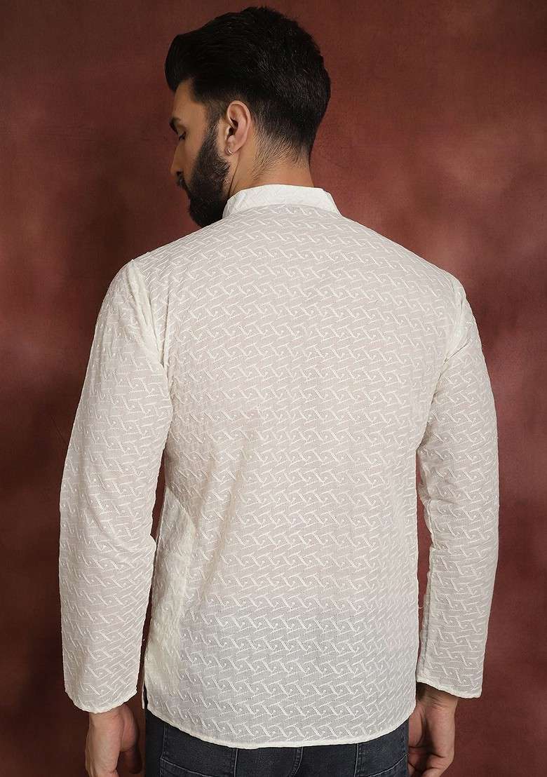 Off White Solid Poly Blend Kurta For Men - Indya