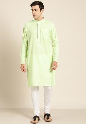 Lime Green Solid Poly Blend Kurta For Men
