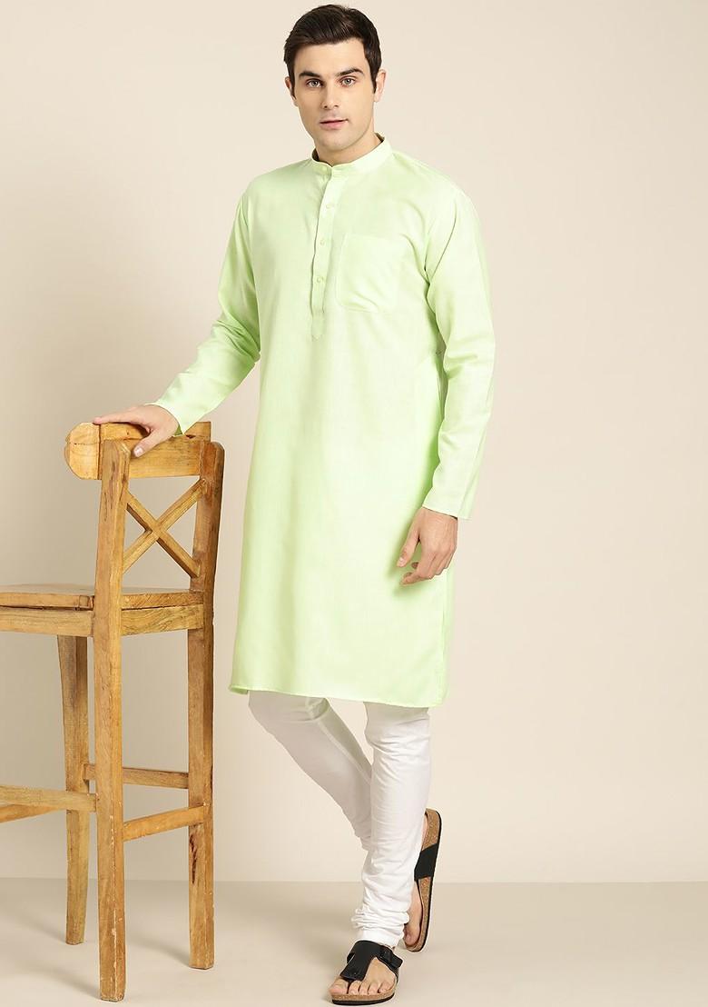 Lime Green Solid Poly Blend Kurta For Men
