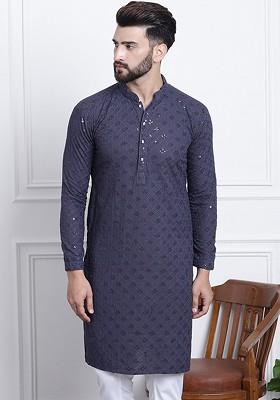 Grey Embellished Cotton Kurta For Men