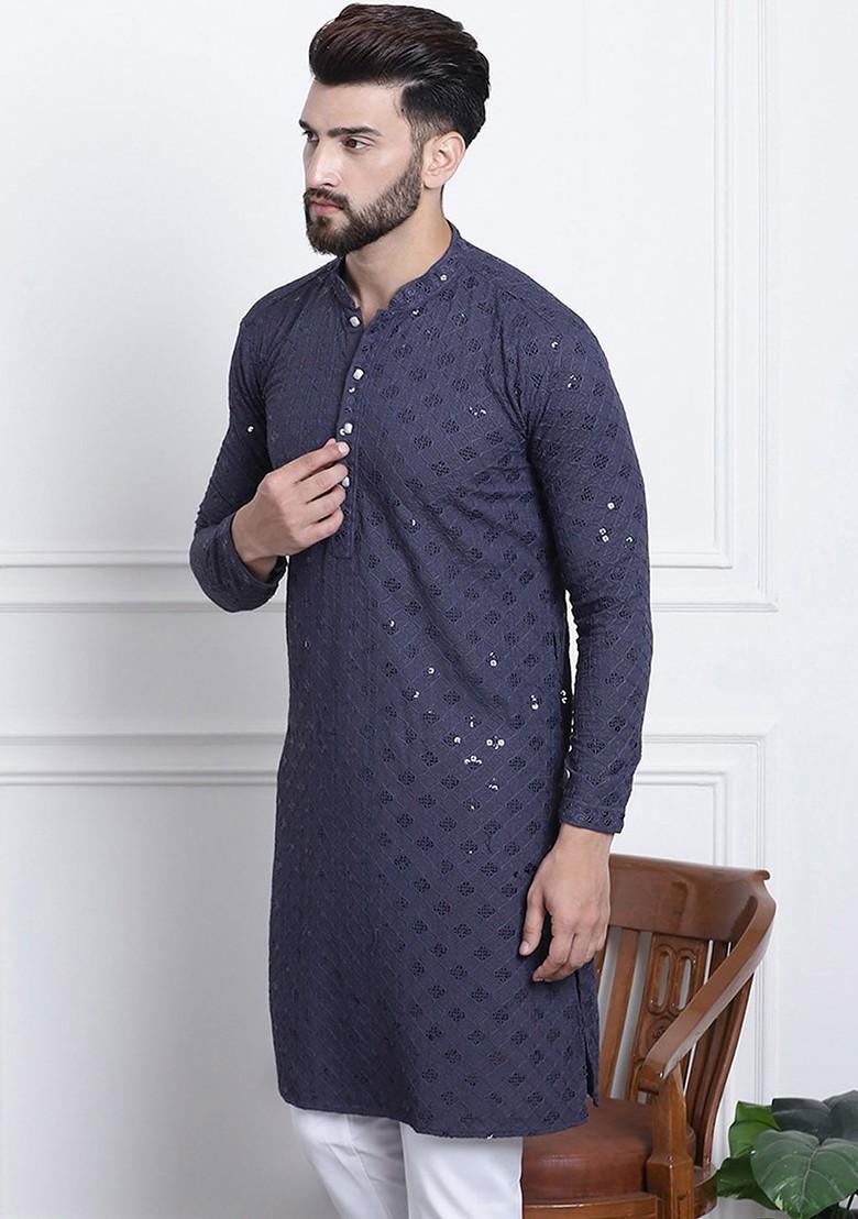 Grey Embellished Cotton Kurta For Men