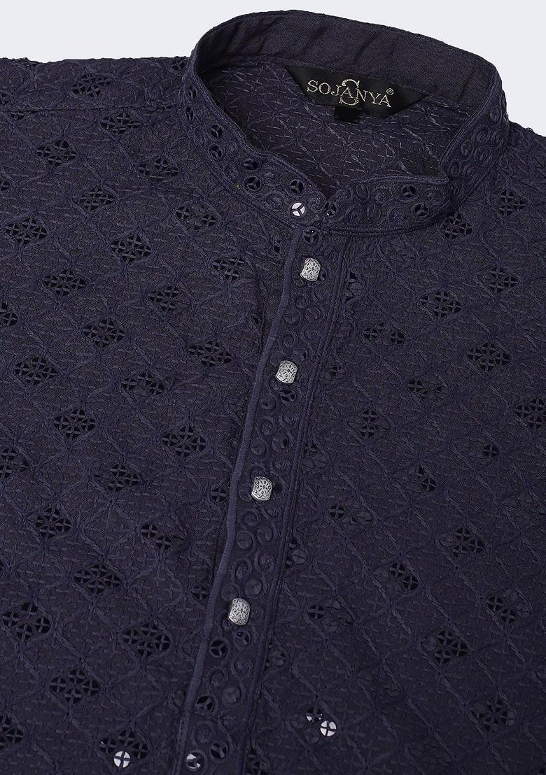 Grey Embellished Cotton Kurta For Men