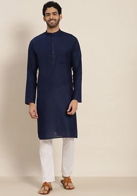 Navy Blue Solid Poly Blend Kurta For Men