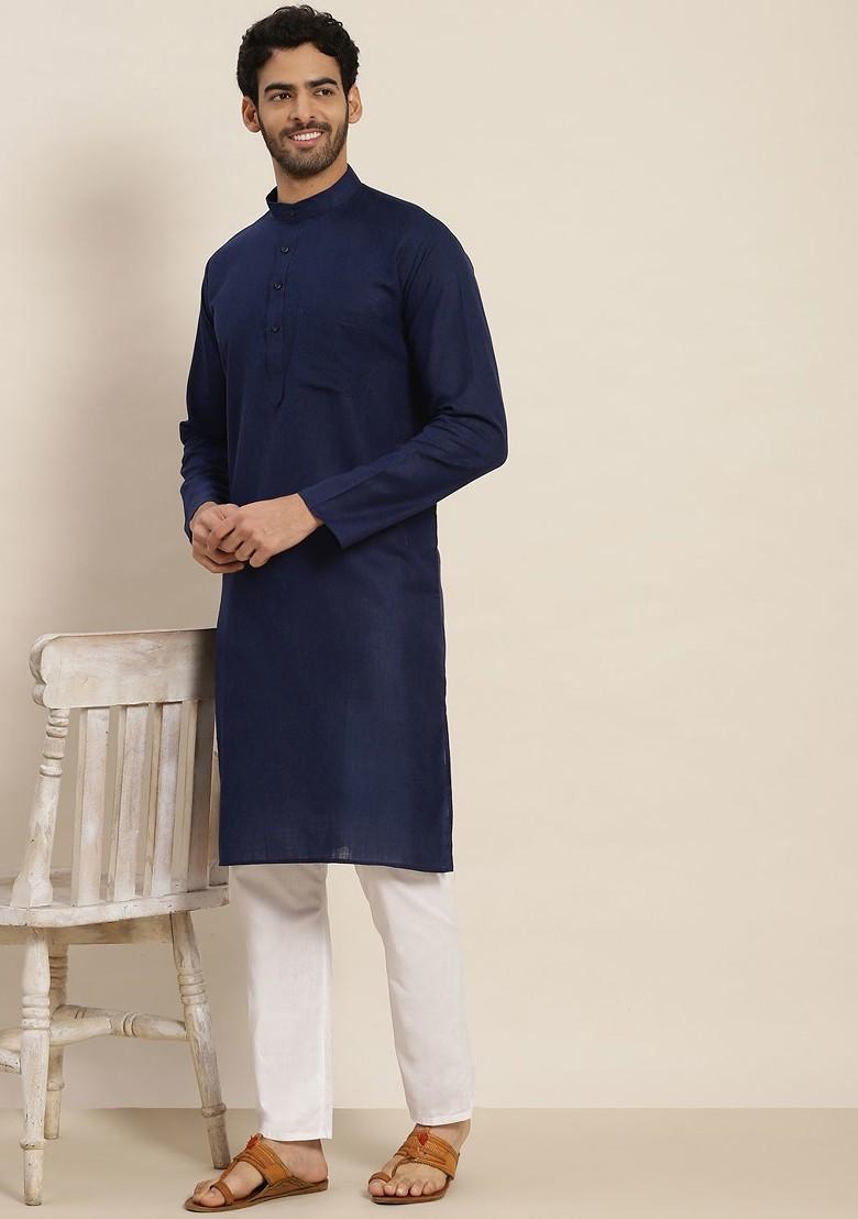 Navy Blue Solid Poly Blend Kurta For Men