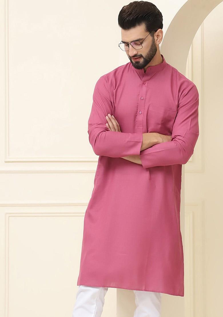 Pink Solid Poly Blend Kurta For Men