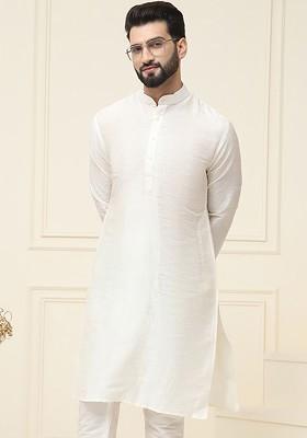 Off White Solid Poly Blend Kurta For Men