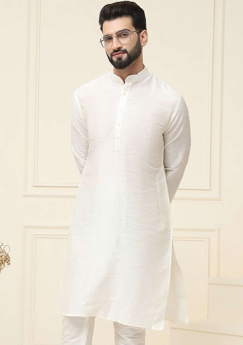 Off White Solid Poly Blend Kurta For Men - Indya