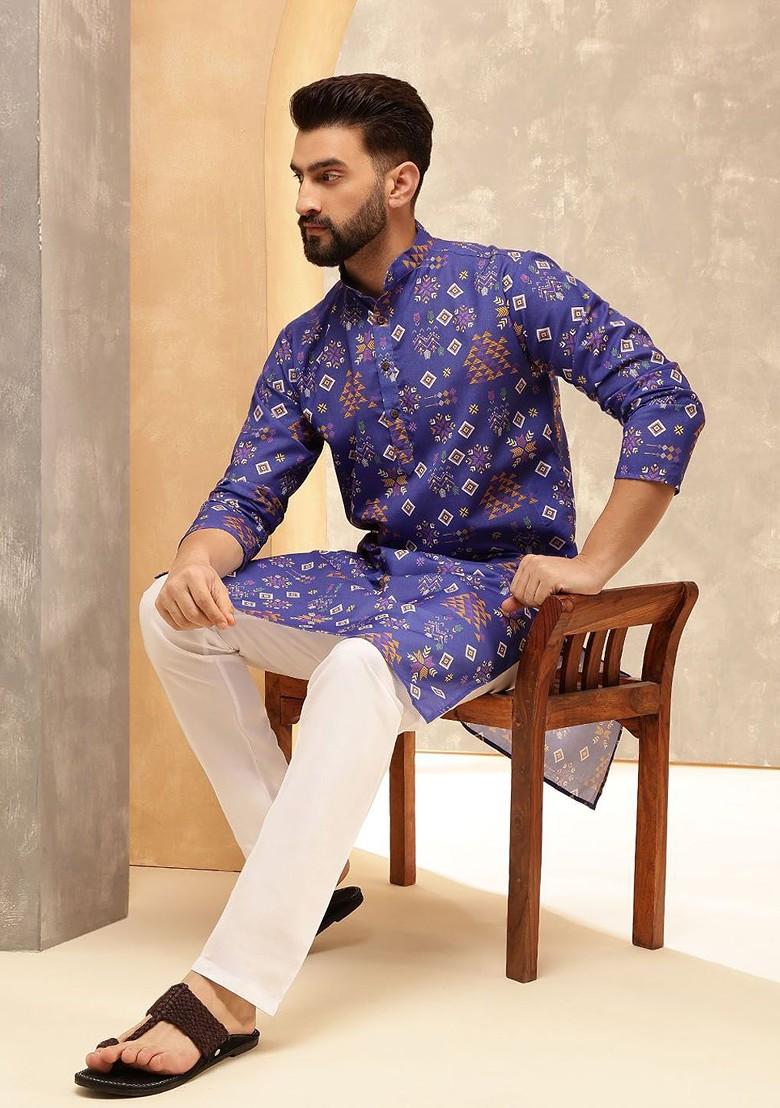 Blue Ethnic Motifs Cotton Kurta For Men