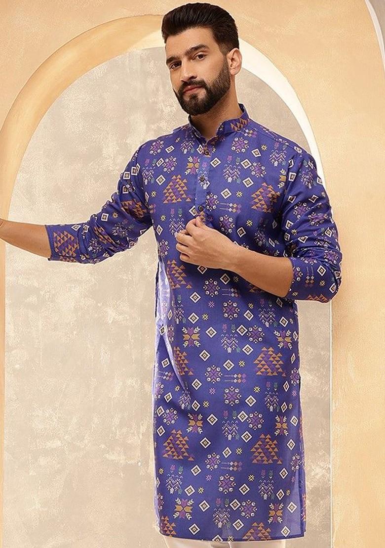 Blue Ethnic Motifs Cotton Kurta For Men