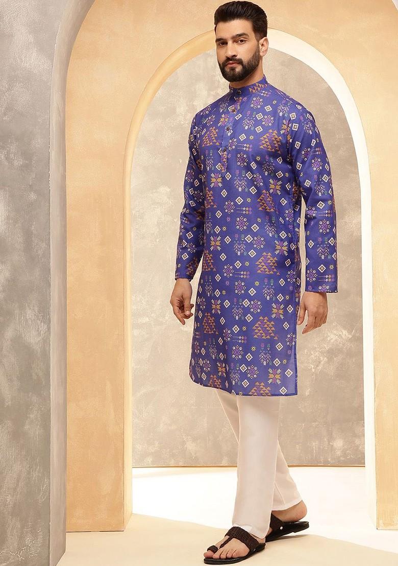 Blue Ethnic Motifs Cotton Kurta For Men
