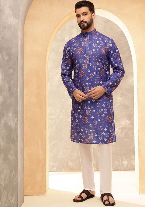 Blue Ethnic Motifs Cotton Kurta For Men