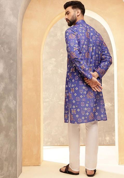 Blue Ethnic Motifs Cotton Kurta For Men