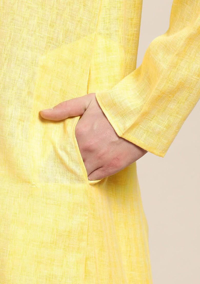 Yellow Woven Cotton Kurta For Men
