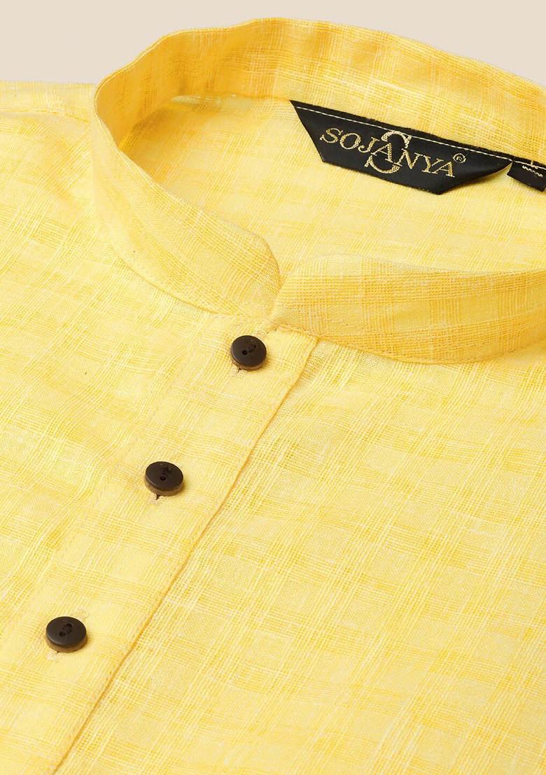 Yellow Woven Cotton Kurta For Men