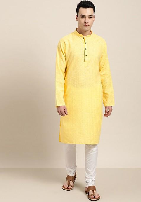 Yellow Woven Cotton Kurta For Men — view on Indya