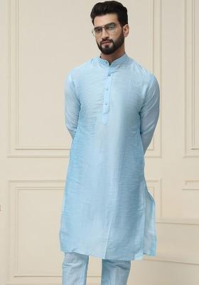 Blue Solid Silk Kurta For Men