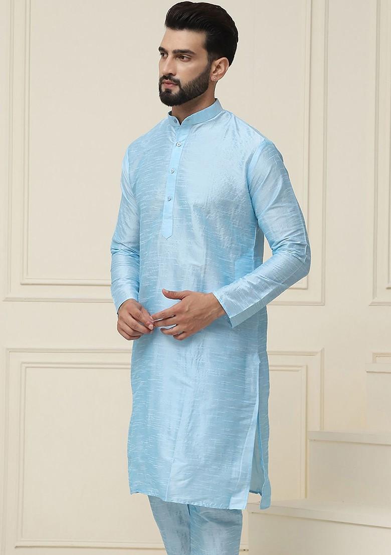 Blue Solid Silk Kurta For Men