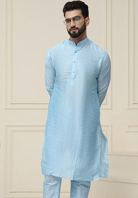 Blue Solid Silk Kurta For Men — view on Indya