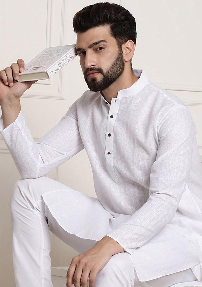 White Checked Poly Blend Kurta For Men