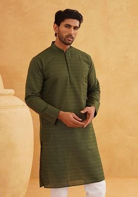 Green Thread Work Cotton Kurta For Men