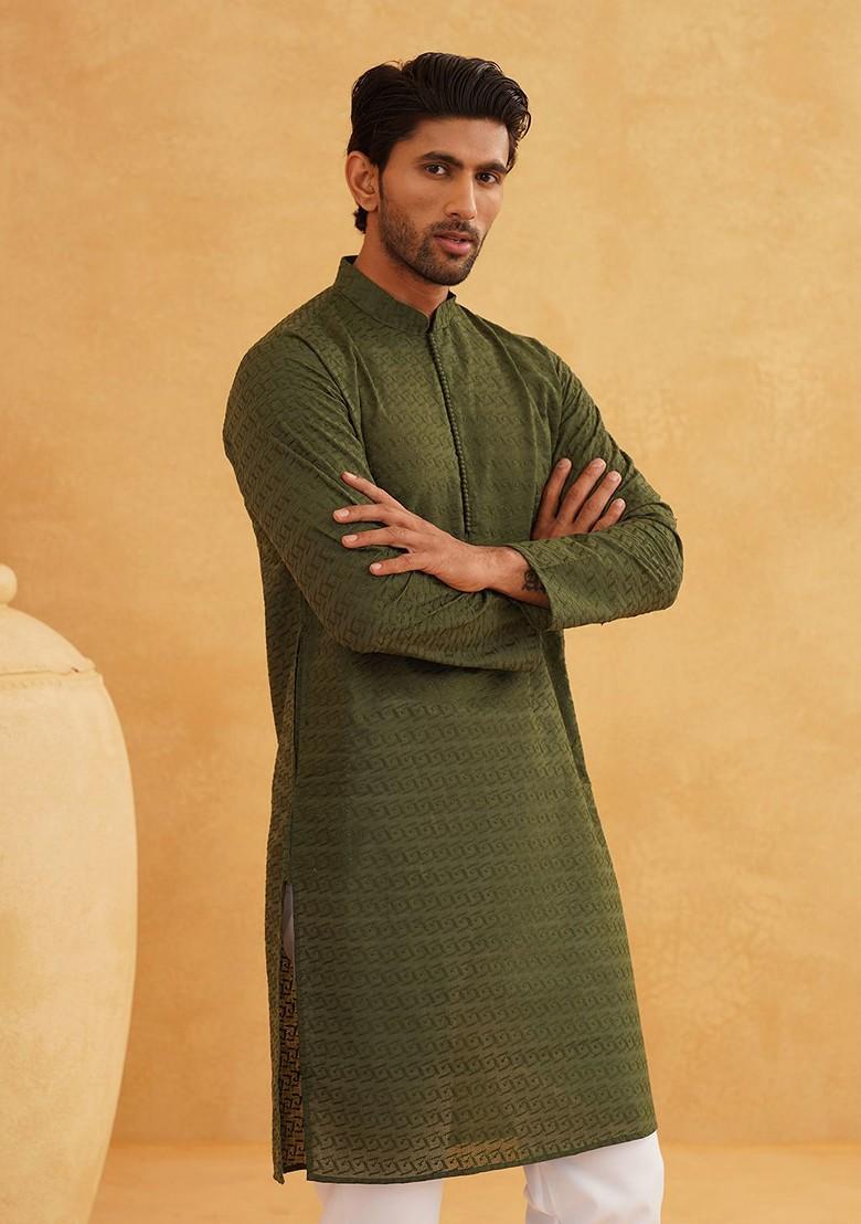 Green Thread Work Cotton Kurta For Men