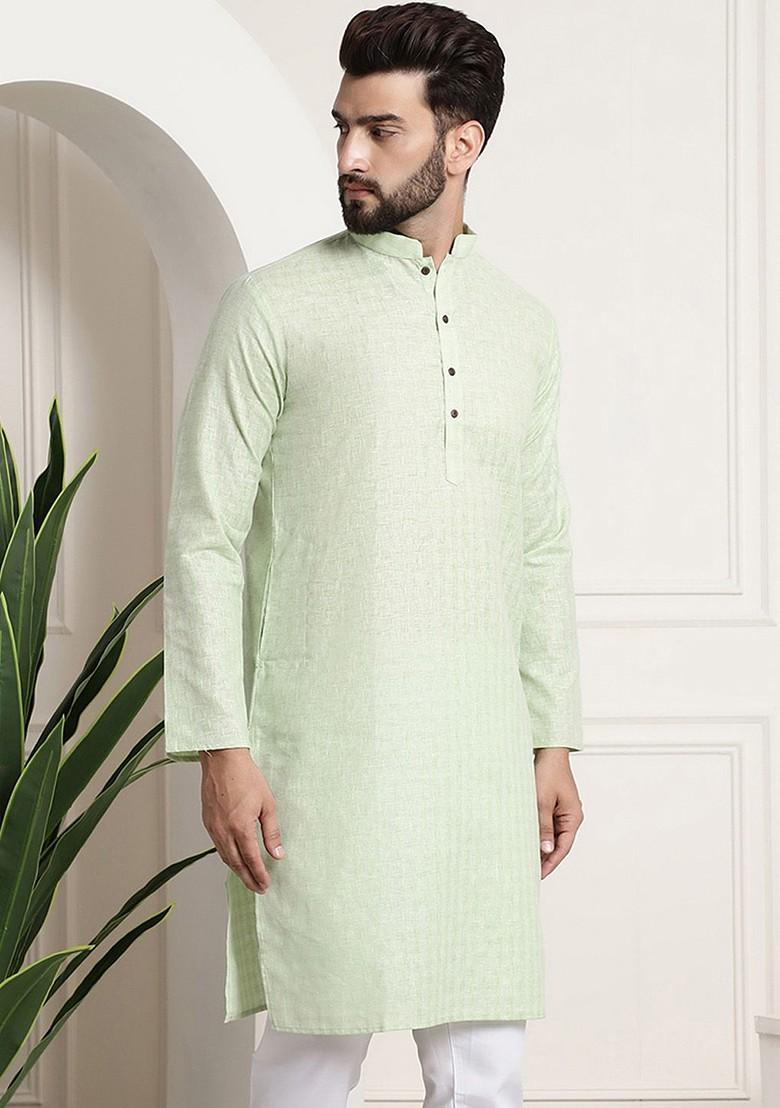 Green Checked Poly Blend Kurta For Men