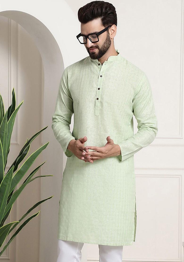 Green Checked Poly Blend Kurta For Men