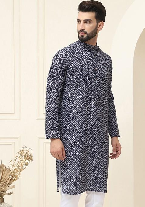 Black Ethnic Motifs Cotton Kurta For Men