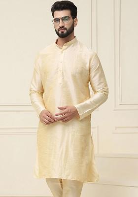Gold Solid Poly Blend Kurta For Men