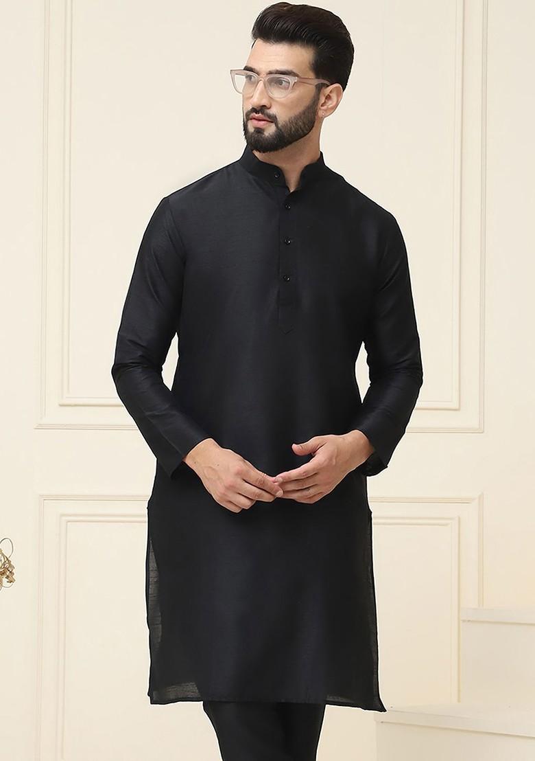 Black Solid Silk Kurta For Men