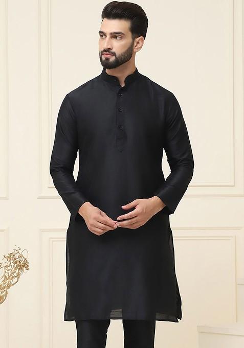 Black Solid Silk Kurta For Men