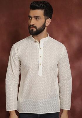 Cream Embroidered Cotton Kurta For Men