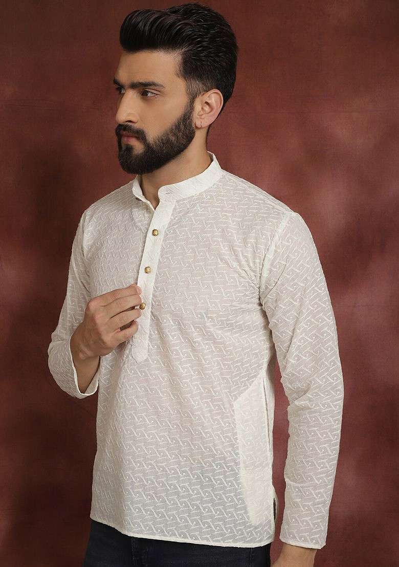 Cream Embroidered Cotton Kurta For Men - Indya