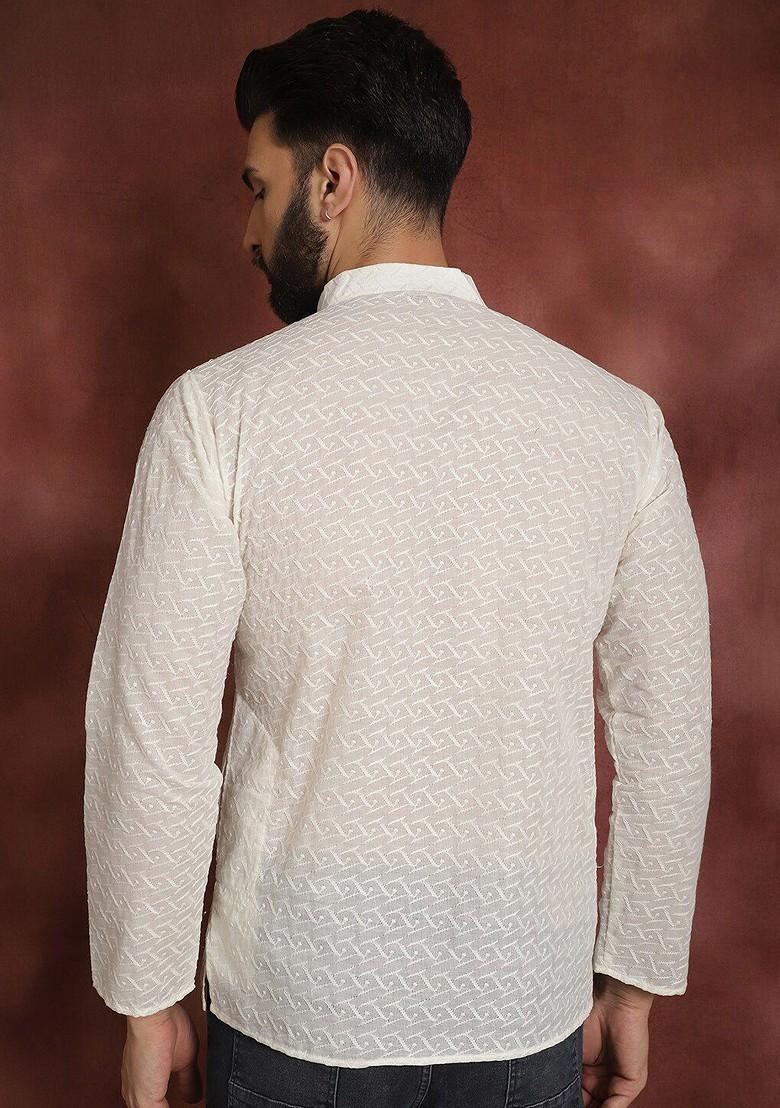 Cream Embroidered Cotton Kurta For Men