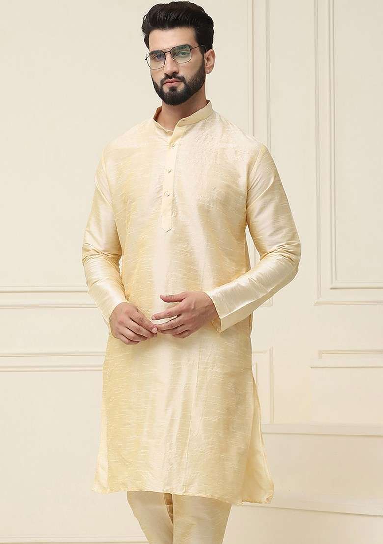 Beige Solid Jacquard Kurta For Men - Indya