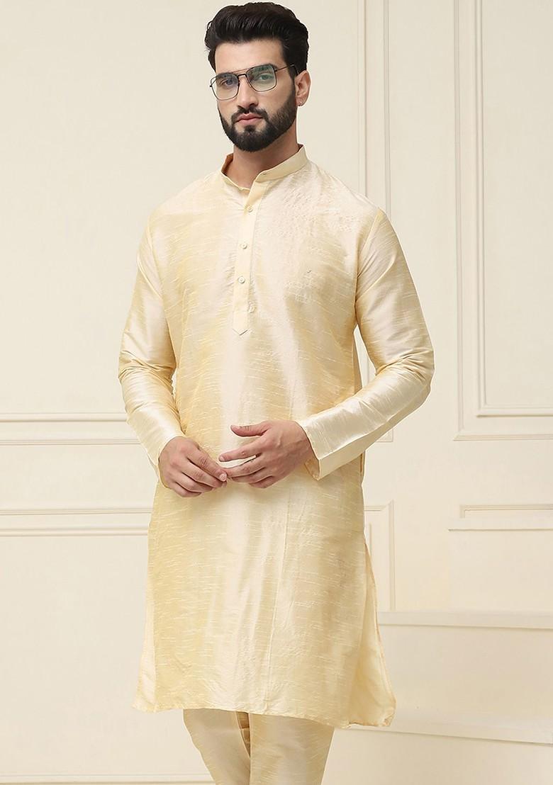 Beige Solid Jacquard Kurta For Men